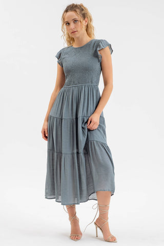 SMOCKED TIERED MIDI DRESS