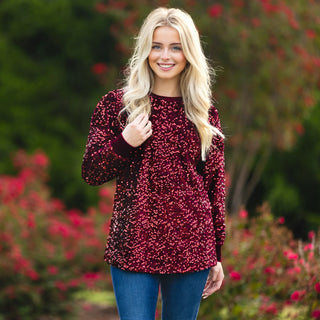 Maroon Sequin Long Sleeve Top