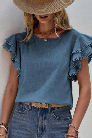 Ruffle sleeve crew neck top