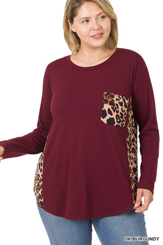 Plus Contrast Side Panel Leopard Front Pocket Tee