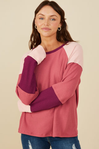 Girls Color Block Ribbed Knit Long Sleeve Top GY8769