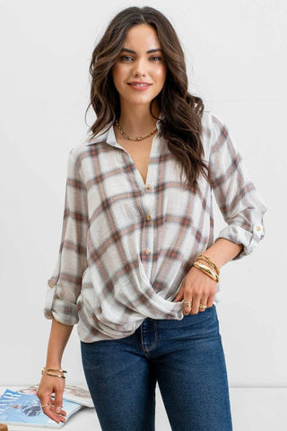 Plaid buttoned wrap woven top