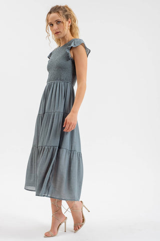 SMOCKED TIERED MIDI DRESS