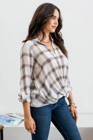 Plaid buttoned wrap woven top