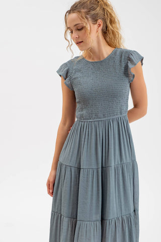 SMOCKED TIERED MIDI DRESS