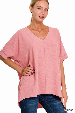 WOVEN AIRFLOW SPLIT NECK SHORT SLEEVE TOP