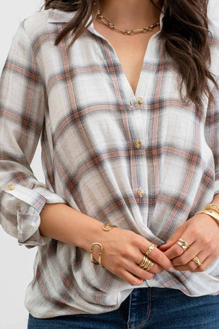 Plaid buttoned wrap woven top