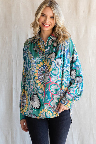 Flower Geometric Print Collared Top