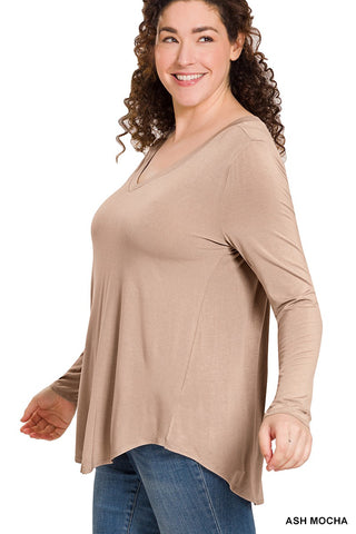 Plus Luxe Long sleeve V neck Dolphin Hem Top