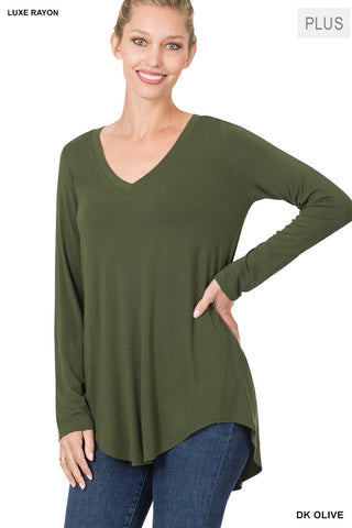 Plus Luxe Long sleeve V neck Dolphin Hem Top