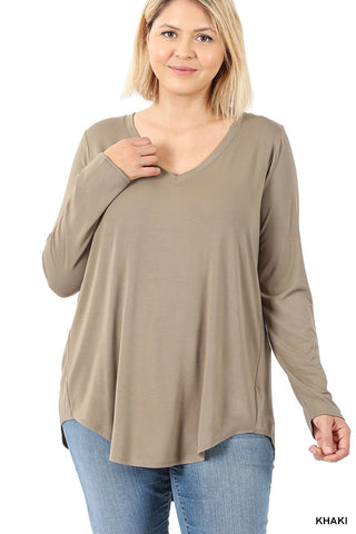 Plus Luxe Long sleeve V neck Dolphin Hem Top