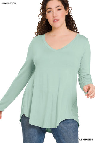 Plus Luxe Long sleeve V neck Dolphin Hem Top