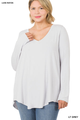 Plus Luxe Long sleeve V neck Dolphin Hem Top