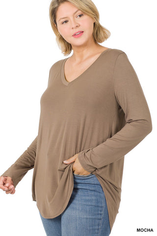 Plus Luxe Long sleeve V neck Dolphin Hem Top