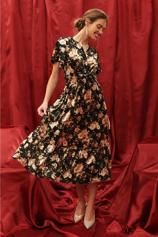 Floral velvet Splice Midi Dress