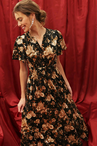 Floral velvet Splice Midi Dress